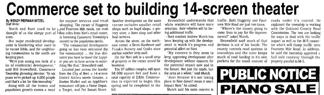 Novi News 1997 article Regal UA Commerce Township, Walled Lake